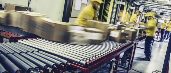 Postal workers inspecting packages on a conveyor belt